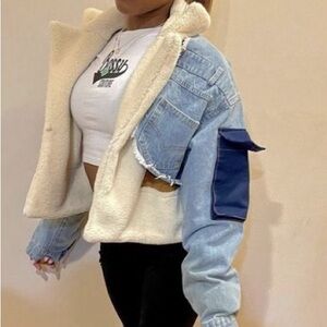 Women's Blue and Cream Denim Sherpa Jacket